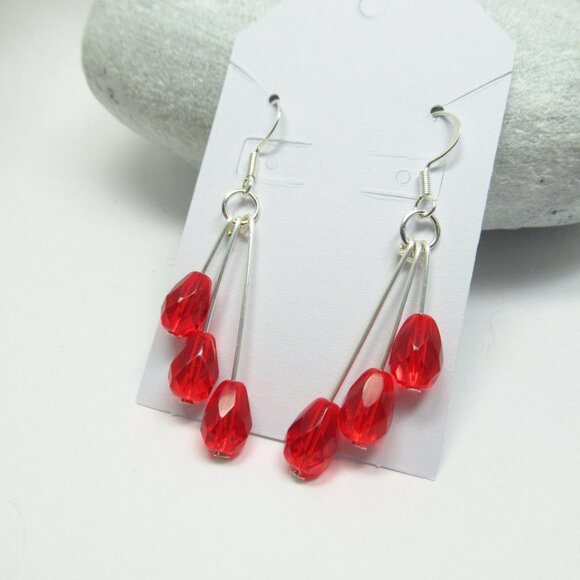 Triple dangle Czech glass teardrop bead earrings - Picture 1 of 9